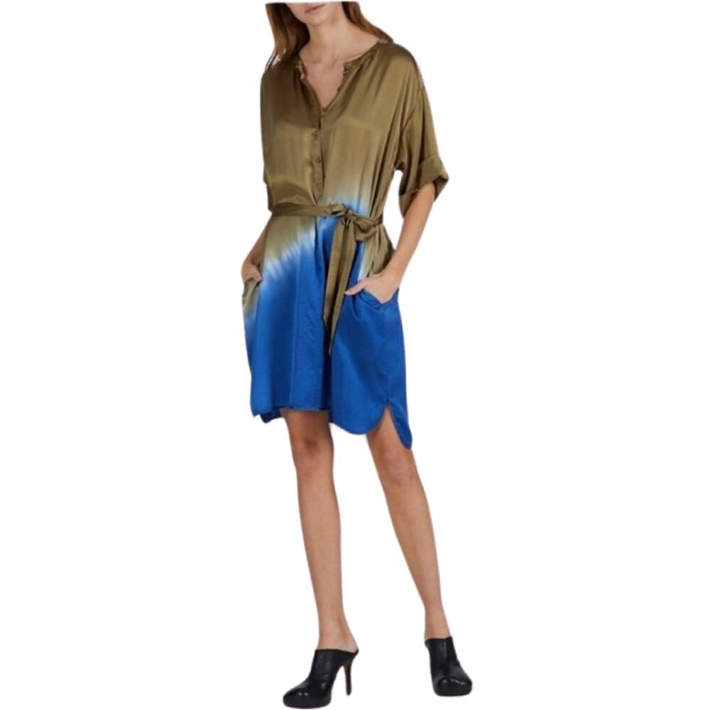 NWOT ATM Silk Charmeuse V-Neck Dress In Olive Royal Dip Dye